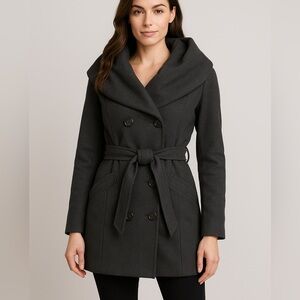 Love Stitch Made With Love Double Breast Charcoal Gray Cape Coat